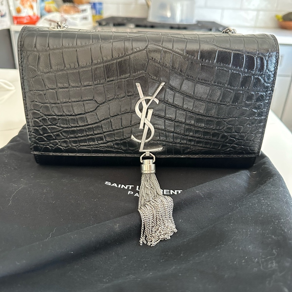 Saint Laurent Black Croc-Embossed Clutch with Silver Tassel